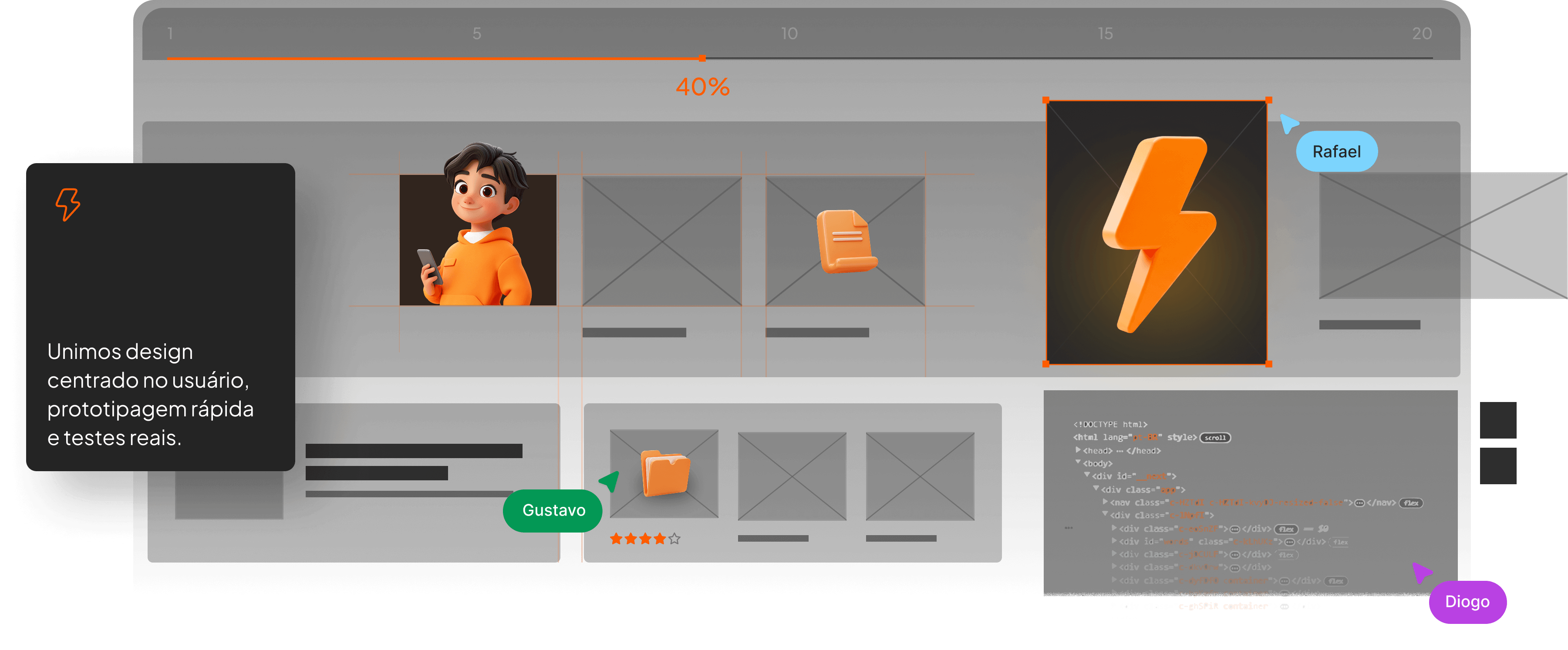 Flowlab Desenho de interface com frase, barra de progresso, elementos visuais, elemento de design e códigos de programação